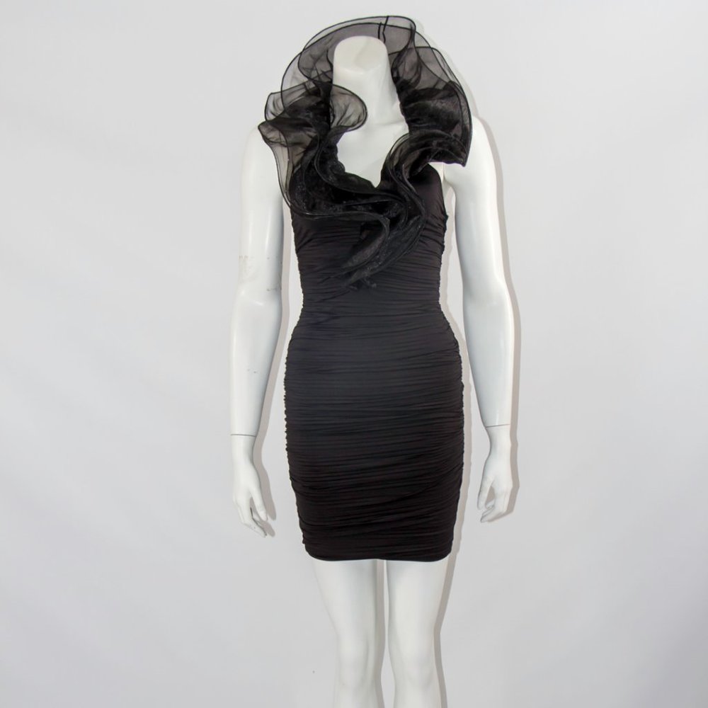 Black cocktail party dress organza ruffles size XS